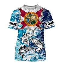 Load image into Gallery viewer, Florida Flag Redfish, trout, snook blue wave camo custom performance long sleeve fishing shirts NQS4771