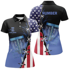 Load image into Gallery viewer, Blue flame Womens Disc golf polo shirts custom American flag disc golf jerseys, disc golf shirts NQS7330