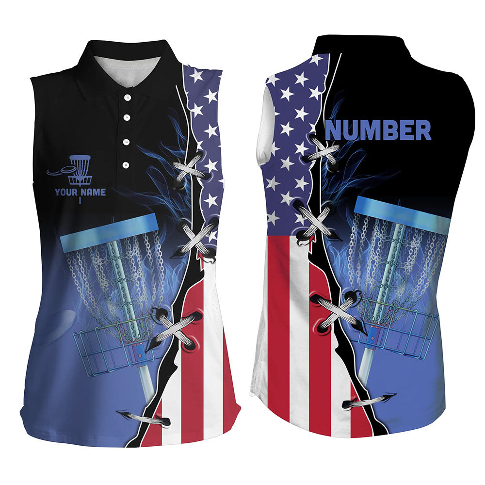 Blue flame Women sleeveless polo shirts custom American flag disc golf jerseys, disc golf shirts NQS7330