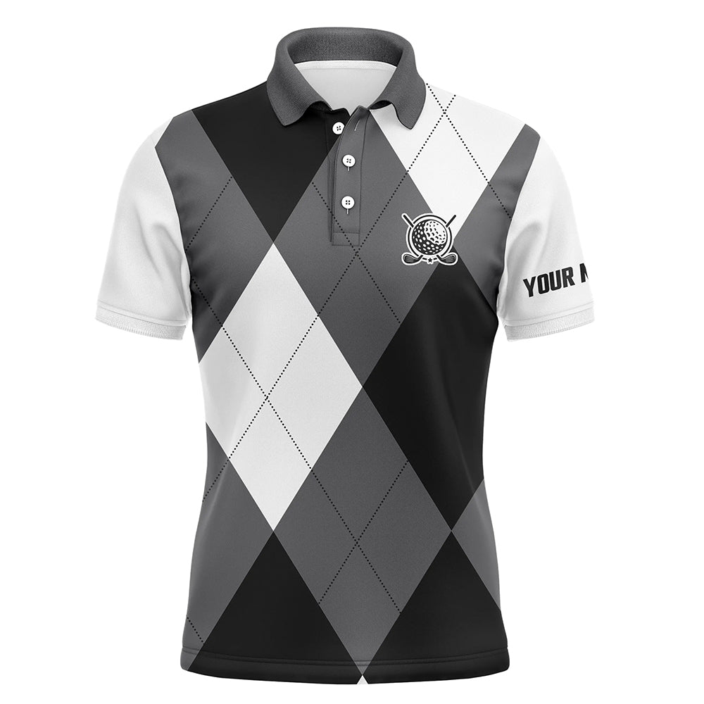 Mens golf polos shirts custom name black and white golf pattern, personalized golf gifts NQS6454