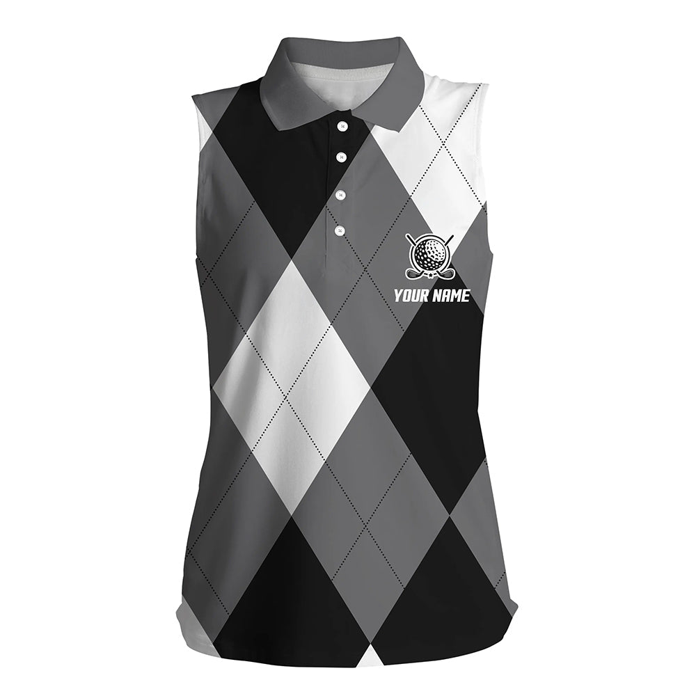 Womens sleeveless polo shirt custom name black and white golf pattern, personalized golf gifts NQS6454