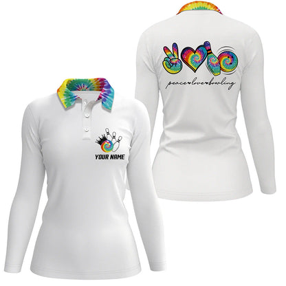 Colorful tie dye peace love bowling custom white Bowling Polo shirt for women, team bowling shirts NQS6693