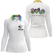 Load image into Gallery viewer, Colorful tie dye peace love bowling custom white Bowling Polo shirt for women, team bowling shirts NQS6693