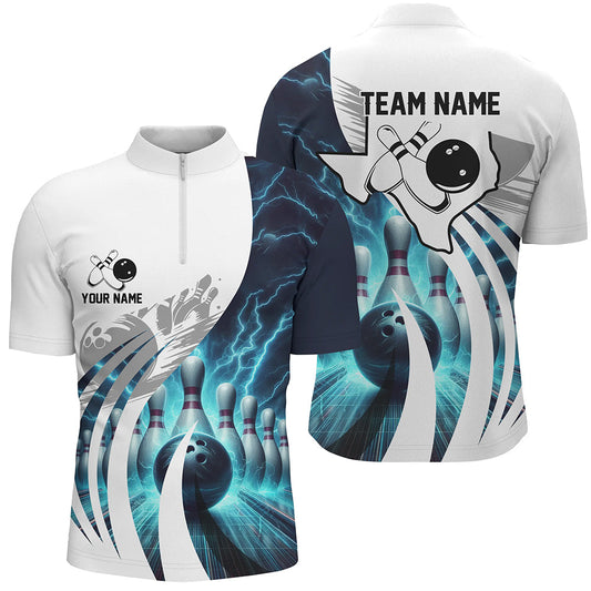 Blue lightning thunder Men Bowling Quarter Zip Shirt Custom Texas Team league Jerseys, gift for bowler NQS7074