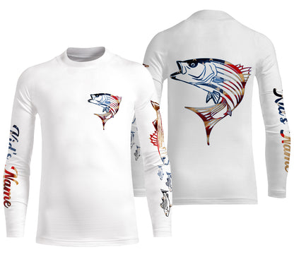 Striped Bass fishing American flag Custom Name sun protection custom fishing shirts for men, women,kid NQS3264