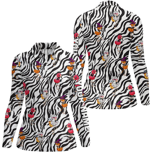 Halloween flamingo Womens golf polos shirts custom black and white zebra pattern golf tees for women NQS6465