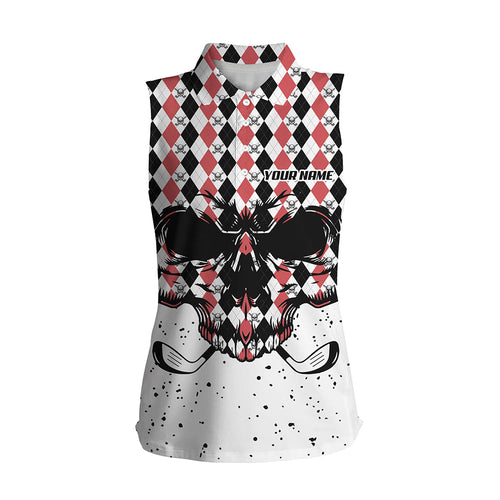 Black Red agryle pattern Women sleeveless polo shirt custom Golf skull clubs golf attire for women NQS6909