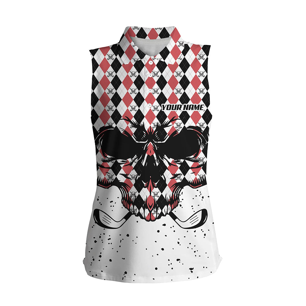 Black Red agryle pattern Women sleeveless polo shirt custom Golf skull clubs golf attire for women NQS6909