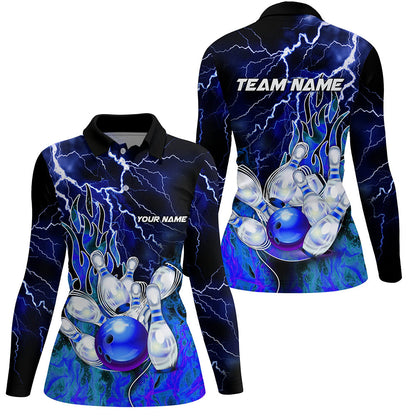 Women Bowling Polo Shirts Custom blue lightning thunder Bowling Team Jersey, gift for team Bowlers NQS7078