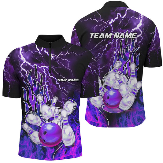 Men Bowling Quarter Zip Shirt Custom purple lightning thunder Bowling Team Jersey, gift for Bowlers NQS7079