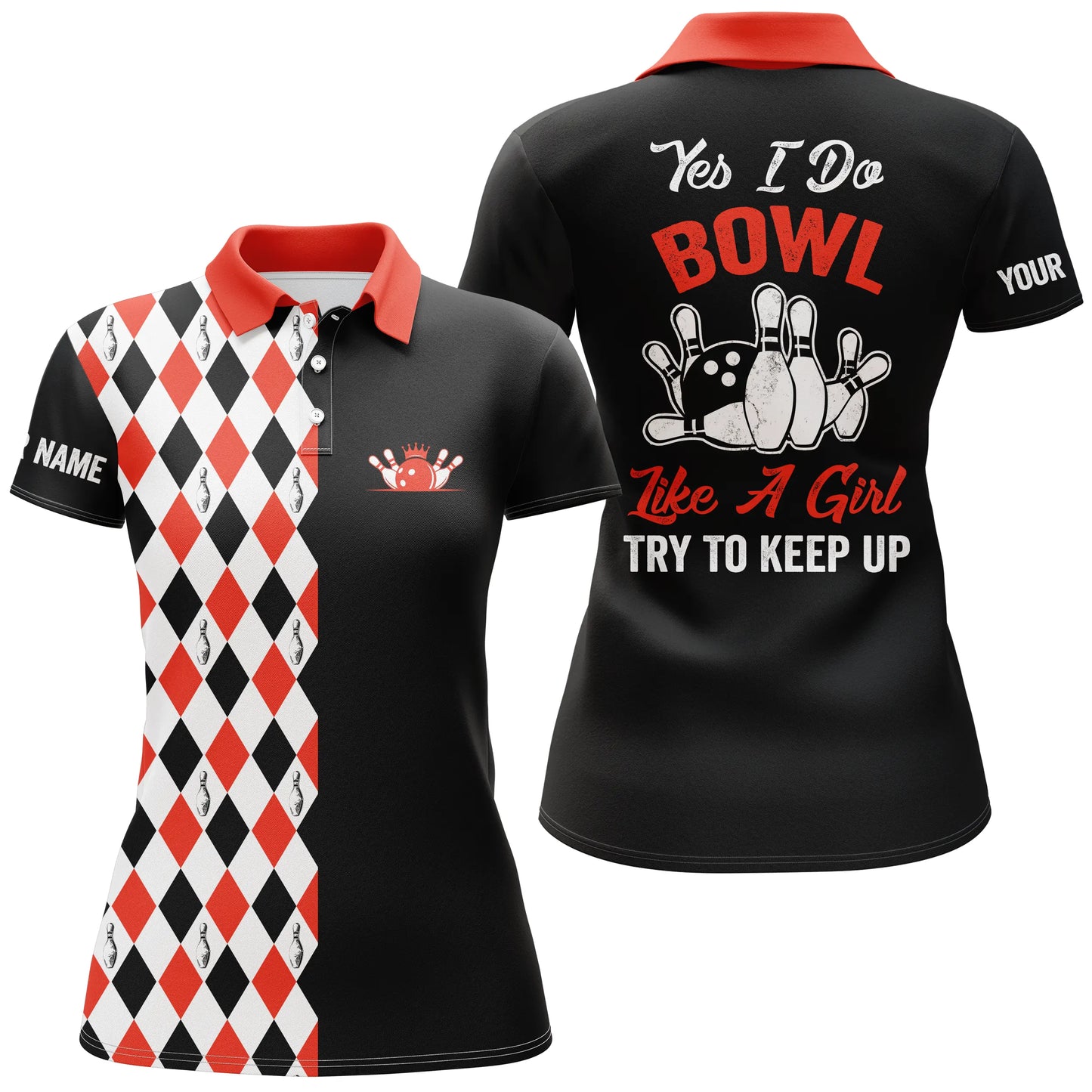 Custom black red bowling shirt for women – personalized team jersey front view