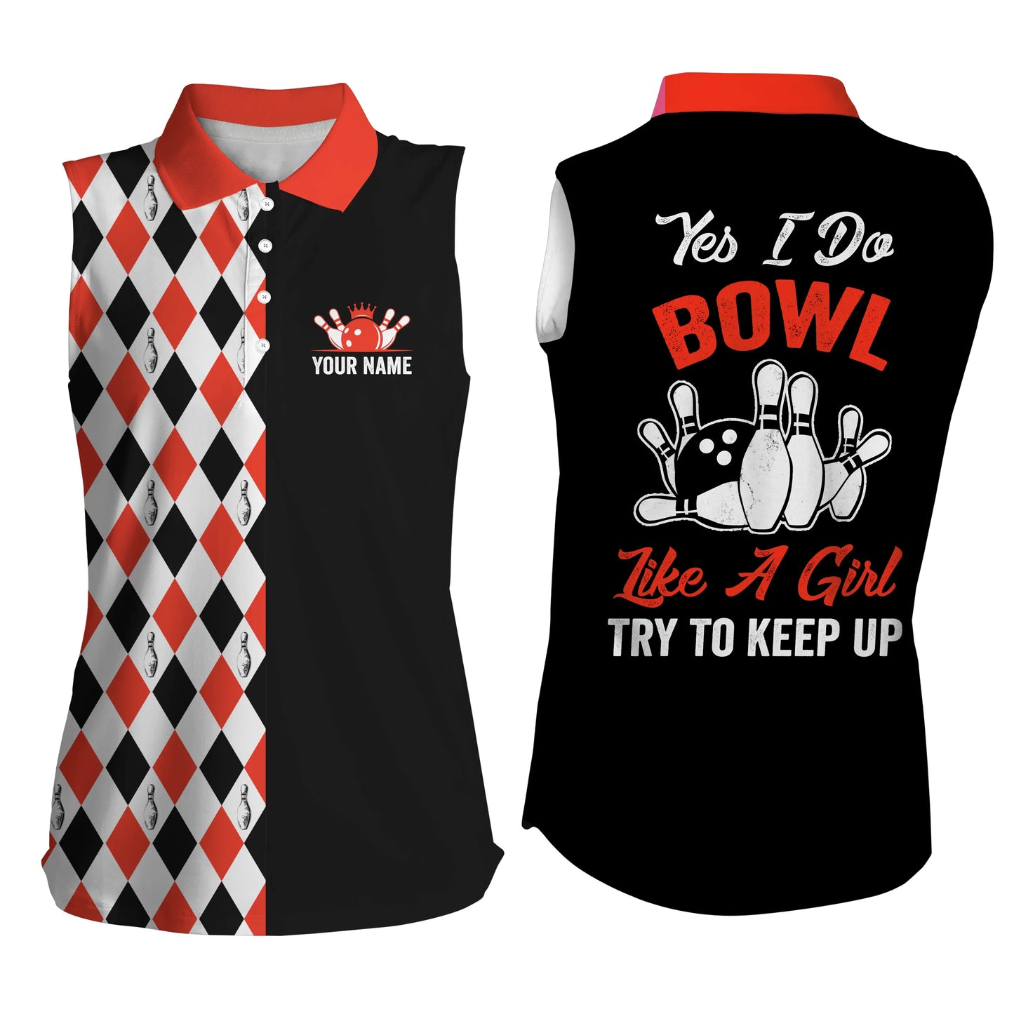 Custom sleeveless bowling shirt for women – personalized team jersey front view