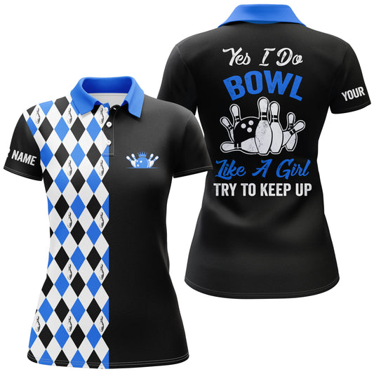 Custom black blue bowling shirt for women – personalized team jersey front view