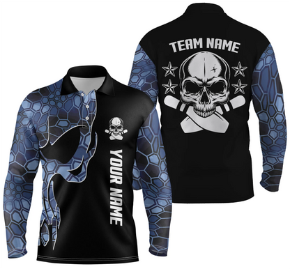 Blue camo personalized bowling shirt for men – custom name design side view