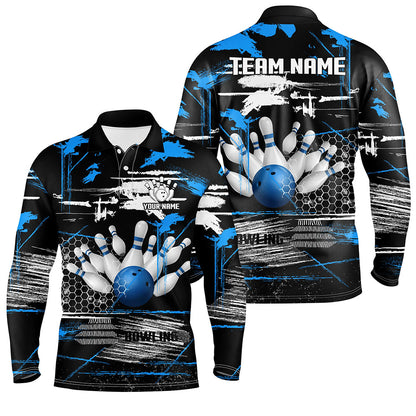 Mens Bowling polo shirts Custom black and blue retro Bowling Team league Jerseys, gifts for bowlers NQS7100