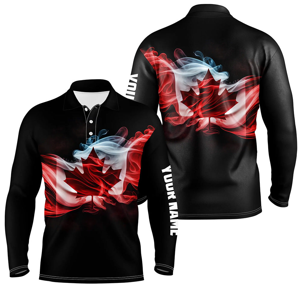 Mens golf polo shirts custom smoke Canadian flag patriotic black golf tops for mens, golfing gifts NQS6485