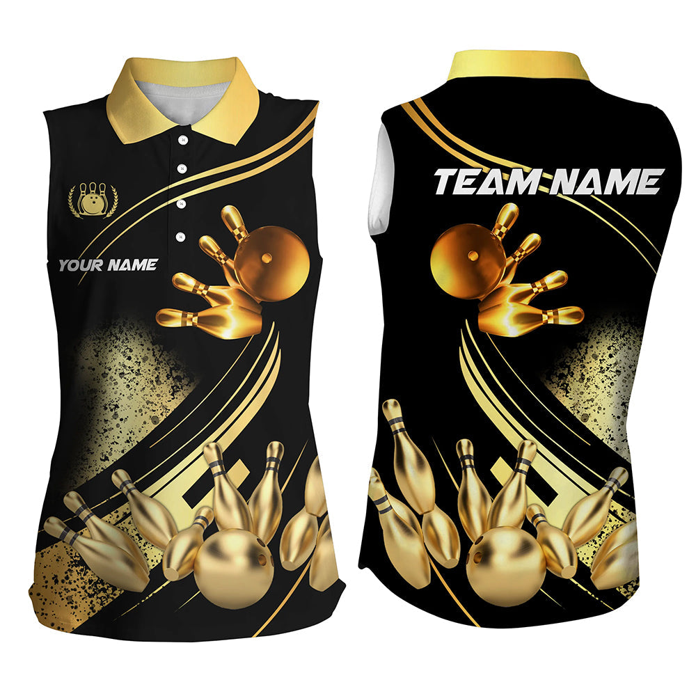 Black and Gold Women sleeveless polo shirts custom bowling apparel team bowling jerseys, bowling gifts NQS7222