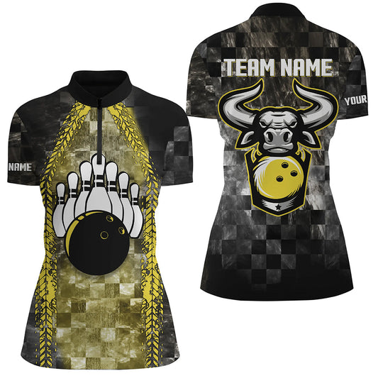 Bowling Bull Black And Yellow Womens bowling Quarter Zip shirts Custom bowling ball pins Team Jersey NQS6499