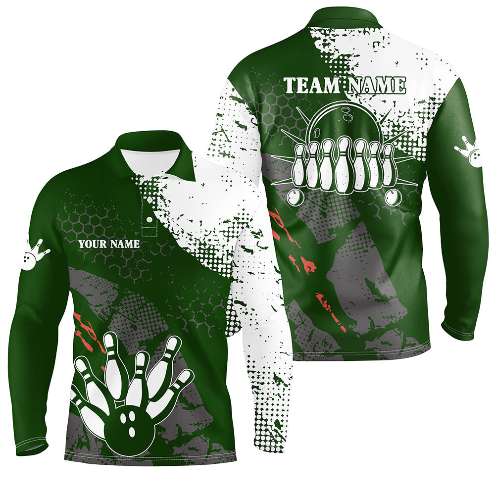 Green and white Mens polo bowling shirts Custom retro bowling ball pins bowling team league jerseys NQS6501