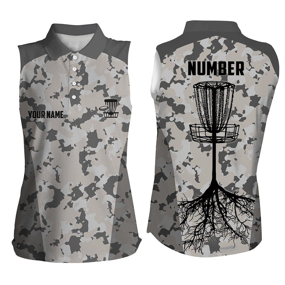 Disc golfing grey camo Women sleeveless polo shirts custom team disc golf attire, disc golf jerseys NQS6952