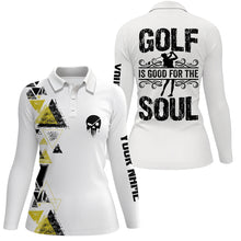 Load image into Gallery viewer, Personalized black yellow triangle custom white Womens golf polo shirts golf is good for the soul NQS6305