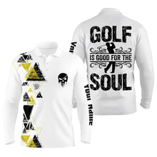 Load image into Gallery viewer, Personalized black yellow triangle custom white mens golf polo shirts golf is good for the soul NQS6305
