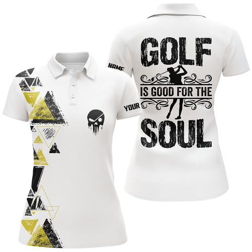 Personalized black yellow triangle custom white Womens golf polo shirts golf is good for the soul NQS6305