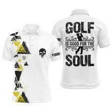 Load image into Gallery viewer, Personalized black yellow triangle custom white mens golf polo shirts golf is good for the soul NQS6305