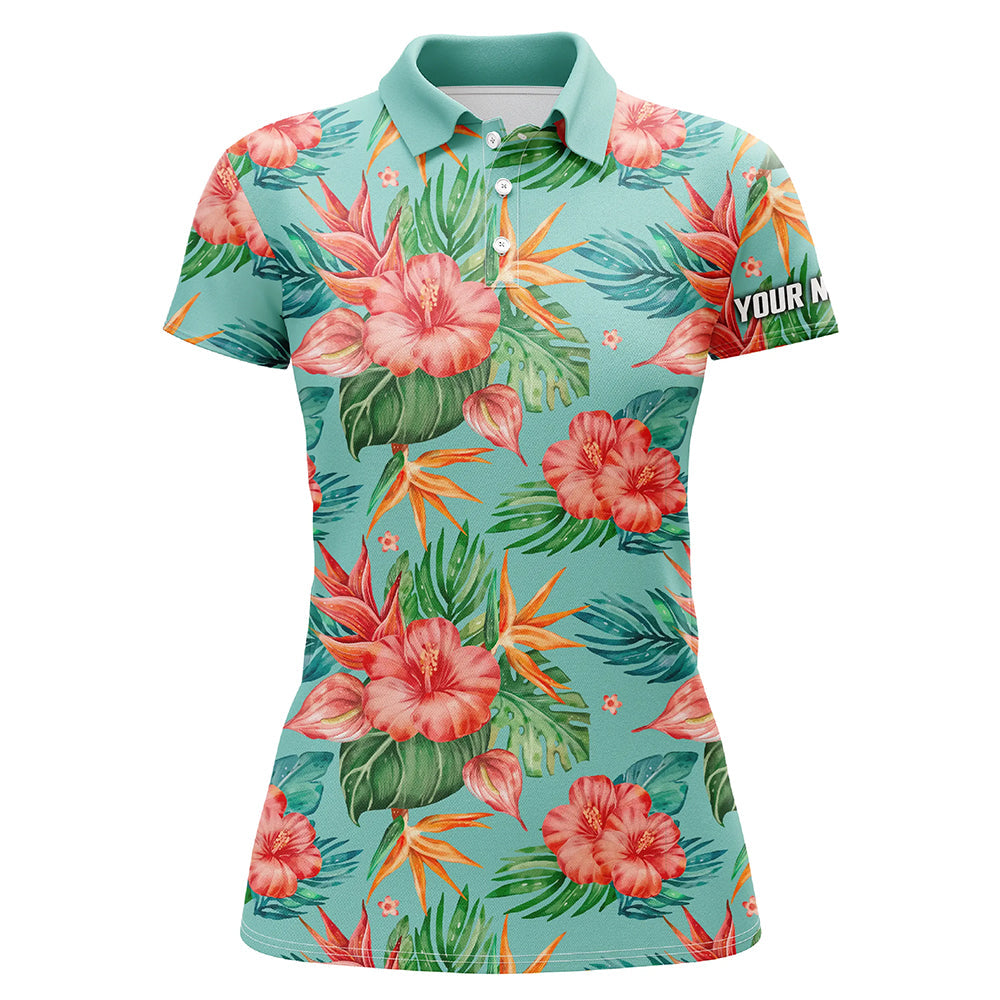 Womens golf polos shirts custom name green tropical flower hibiscus pattern golf tops for ladies NQS7130