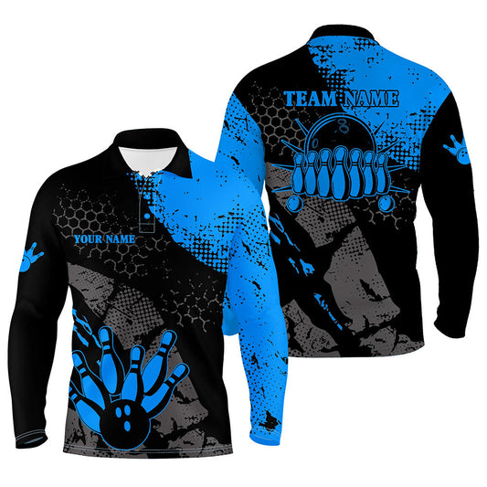Black and blue Mens polo bowling shirts Custom retro bowling ball pins bowling team league jerseys NQS6314