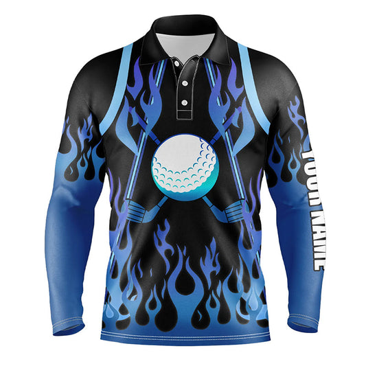 Mens golf polo shirts blue fire pattern golf clubs shirt for mens, personalized golf gifts NQS6994