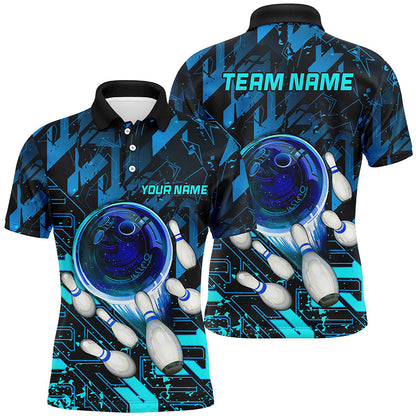 Mens Bowling polo shirts Custom blue abstract Bowling Team league Jerseys, bowling gifts for bowlers NQS7247