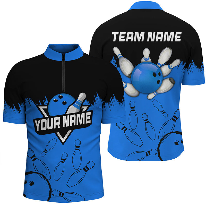 Men bowling Quarter Zip shirts Custom black and blue Bowling Team league Jerseys, gifts for bowlers NQS7248