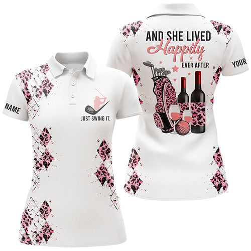 Pink leopard white Womens golf polo shirts custom funny golf and wine and she lived happily ever after NQS6324