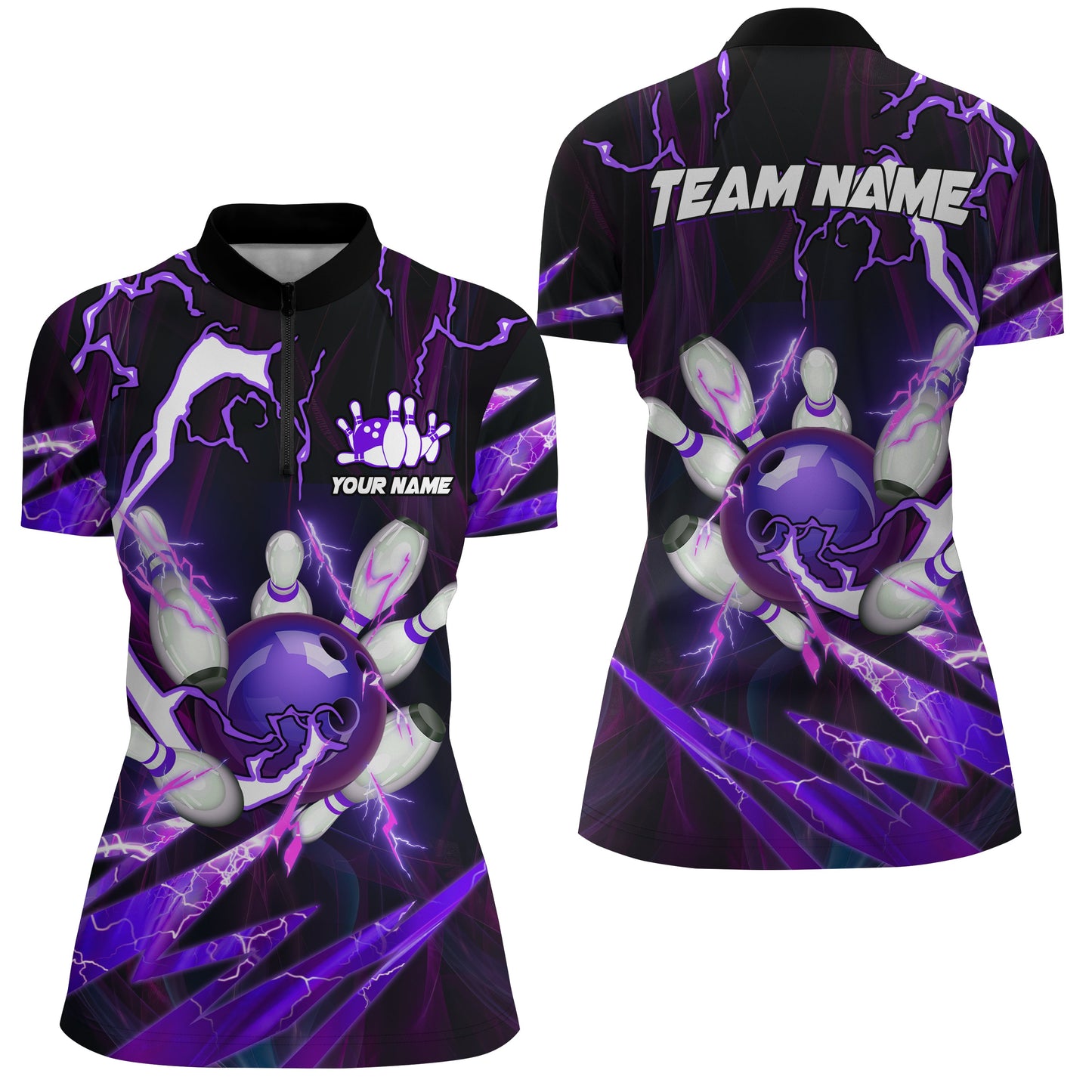 Flame lightning thunder bowling ball pins Custom Team Bowling Quarter Zip Shirts For Women  | Purple NQS6550