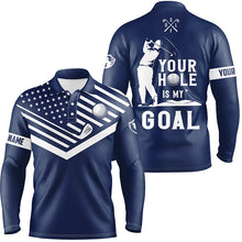 Load image into Gallery viewer, Mens golf polo shirt white American flag custom your hole is my goal funny golf team shirt | Navy NQS7007