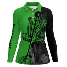 Load image into Gallery viewer, Womens disc golf polo shirts custom black and green disc golf basket, disc golf outfit NQS7152