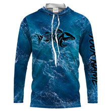 Load image into Gallery viewer, Custom blue ocean fish bone Saltwater Long sleeve Fishing Shirts UV Protection, Sea wave camo Fishing Shirts - NQS2079