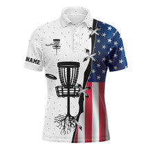 Load image into Gallery viewer, Mens disc golf polo shirt American flag custom name disc golf team shirt, disc golf gifts NQS4306