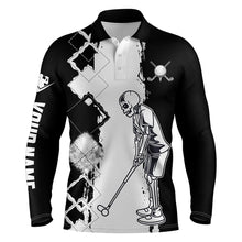 Load image into Gallery viewer, Black and white Mens golf polo shirt golf skull custom name polo golf shirts, golfer gift ideas NQS4308