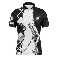 Load image into Gallery viewer, Black and white Mens golf polo shirt golf skull custom name polo golf shirts, golfer gift ideas NQS4308