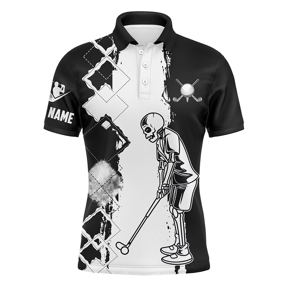 Black and white Mens golf polo shirt golf skull custom name polo golf shirts, golfer gift ideas NQS4308