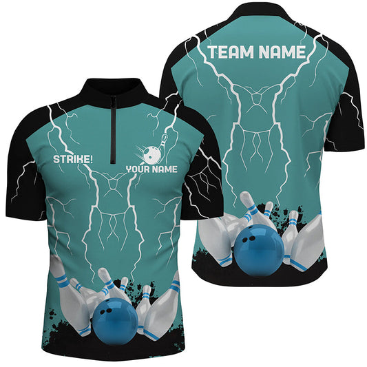 Men's bowling Quarter Zip shirts Custom bowling strike lightning storm team league jersey | Turquoise NQS6342