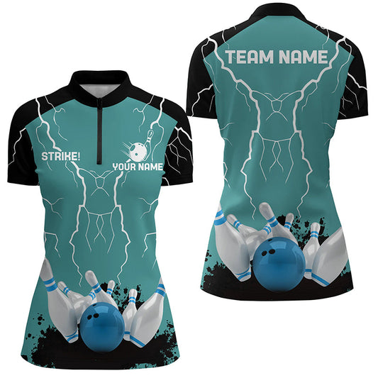 Womens bowling Quarter Zip shirt Custom bowling strike lightning storm team league jersey | Turquoise NQS6342