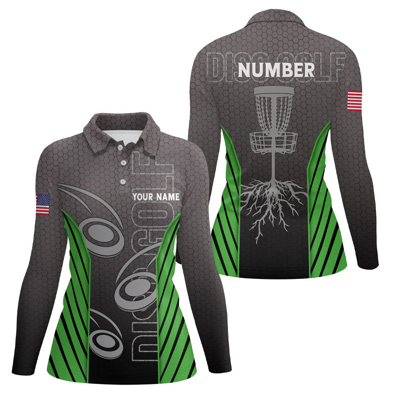 Womens disc golf polo shirt custom name, number camo disc golf jersey, ladies disc golf apparel| Green NQS6345