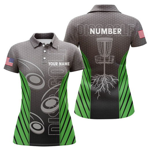 Womens disc golf polo shirt custom name, number camo disc golf jersey, ladies disc golf apparel| Green NQS6345