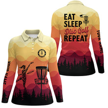 Load image into Gallery viewer, Sunset pattern Women Disc golf polo shirt custom Eat sleep Disc golf repeat jersey, disc golf shirt NQS6826