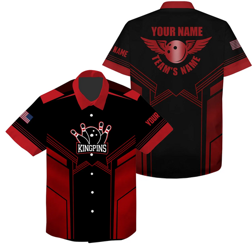 Red and black Bowling Hawaiian Shirt for men custom name and team name mens bowling team shirts NQS4728