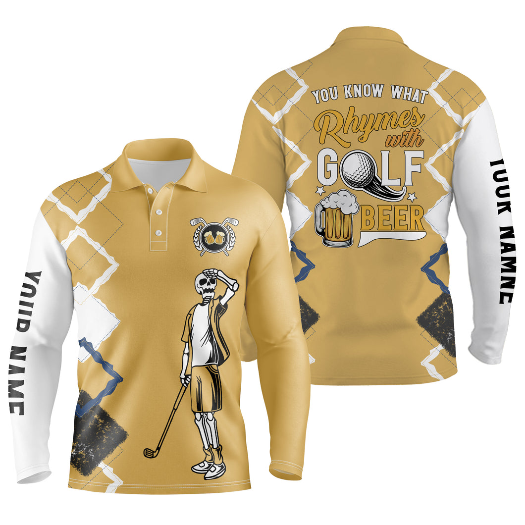 Funny golf skull polo shirts you know what rhymes with golf beer custom name golf performance shirts NQS3461