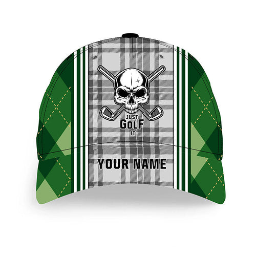 Green argyle plaid pattern Golf skull custom Just golf it golfer hat, personalized sun hat for golfers NQS6847